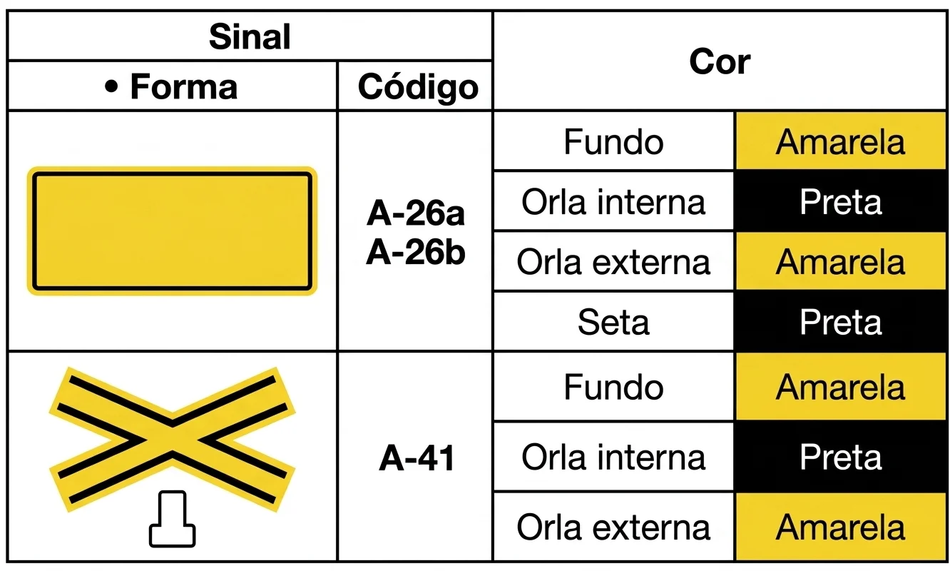 Forma e cores das placas de advertência A-26a, A-26b e A-41: fundo amarelo, orla interna preta e orla externa amarela
