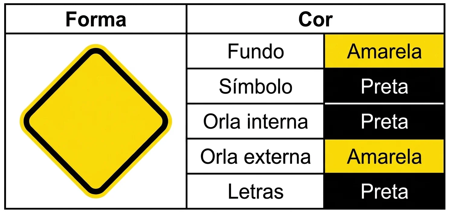 Forma e cores da placa de advertência: losango com fundo amarelo, símbolo preto, orla interna preta e orla externa amarela