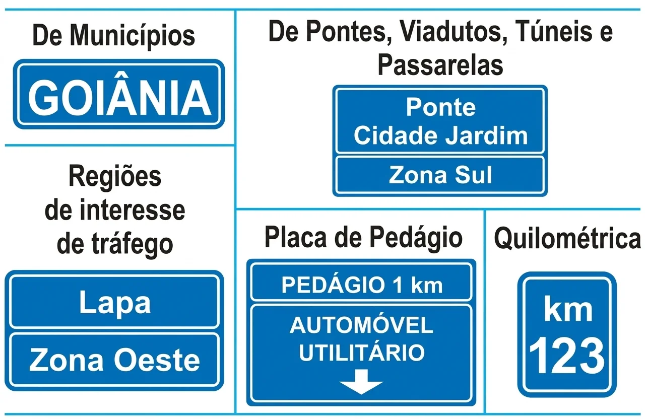 Placas de indicação: de municípios (Goiânia), de regiões de interesse de tráfego, de pontes e viadutos, placa de pedágio e placa quilométrica
